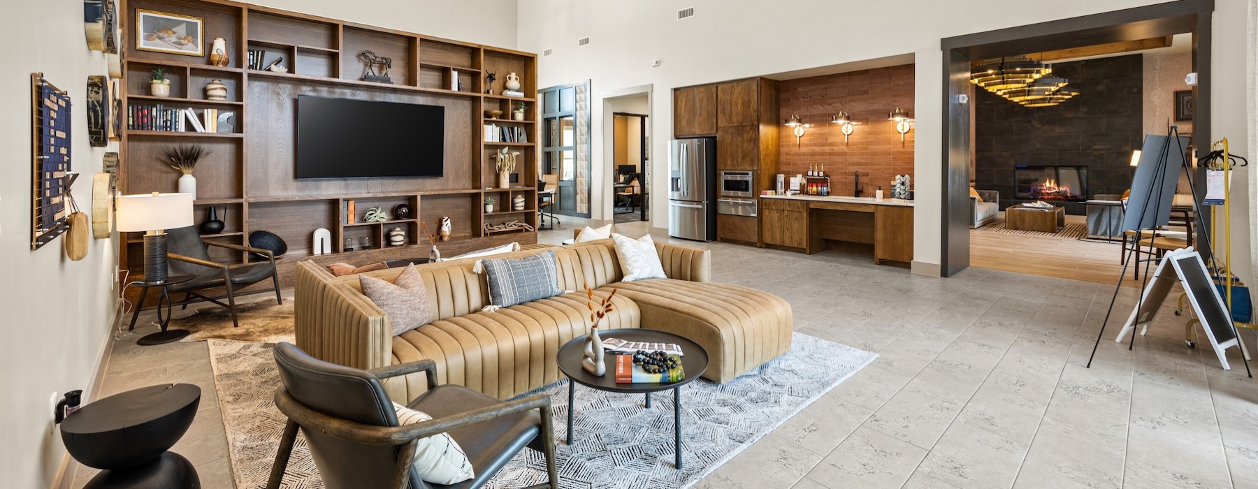 a clubroom with a tv and a couch