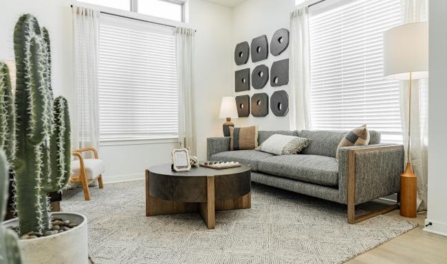 a living room with a couch and a coffee table